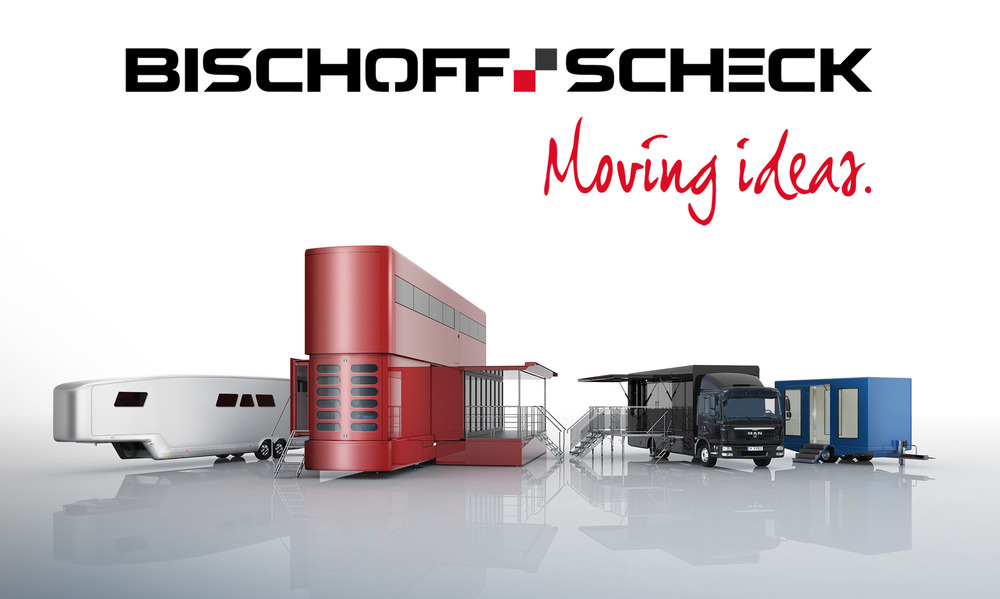 Diverse mobile event vehicles, including a red double-decker unit, black truck, and blue container.
